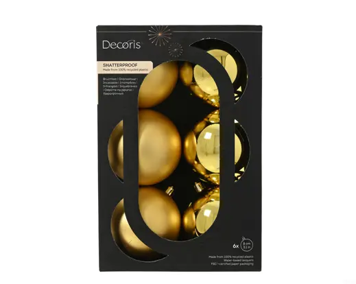 Conjunto de 6 Bolas de Natal 8cm Dourado